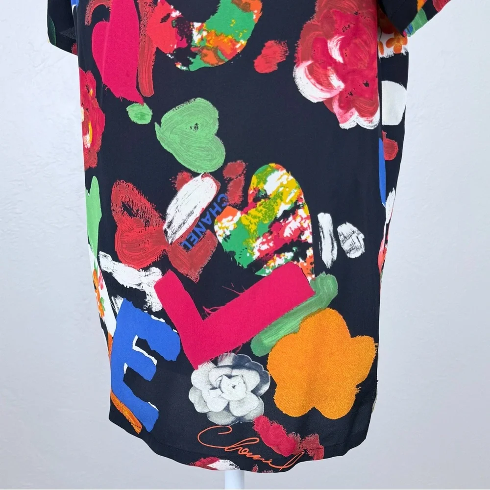 Chanel Vintage 1990s Iconic Spring 1992 Multicolor Black Silk T-Shirt 40 FR 8 US